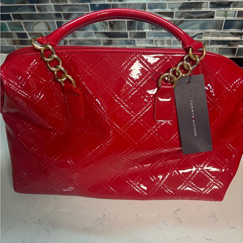 Tommy Hilfiger Red Quilted Satchel with Gold Chain